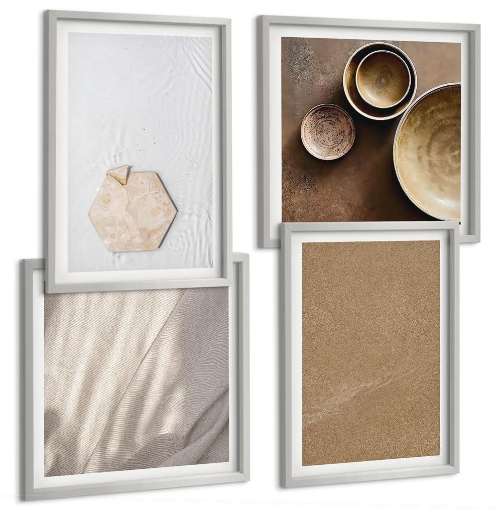 Bilder Set 4-teilig im silbergerahmten Rahmen – Wandbilder 4 Stück – gerahmte Poster für Wohnzimmer, Schlafzimmer und Flur – 50x50 cm - 40x...