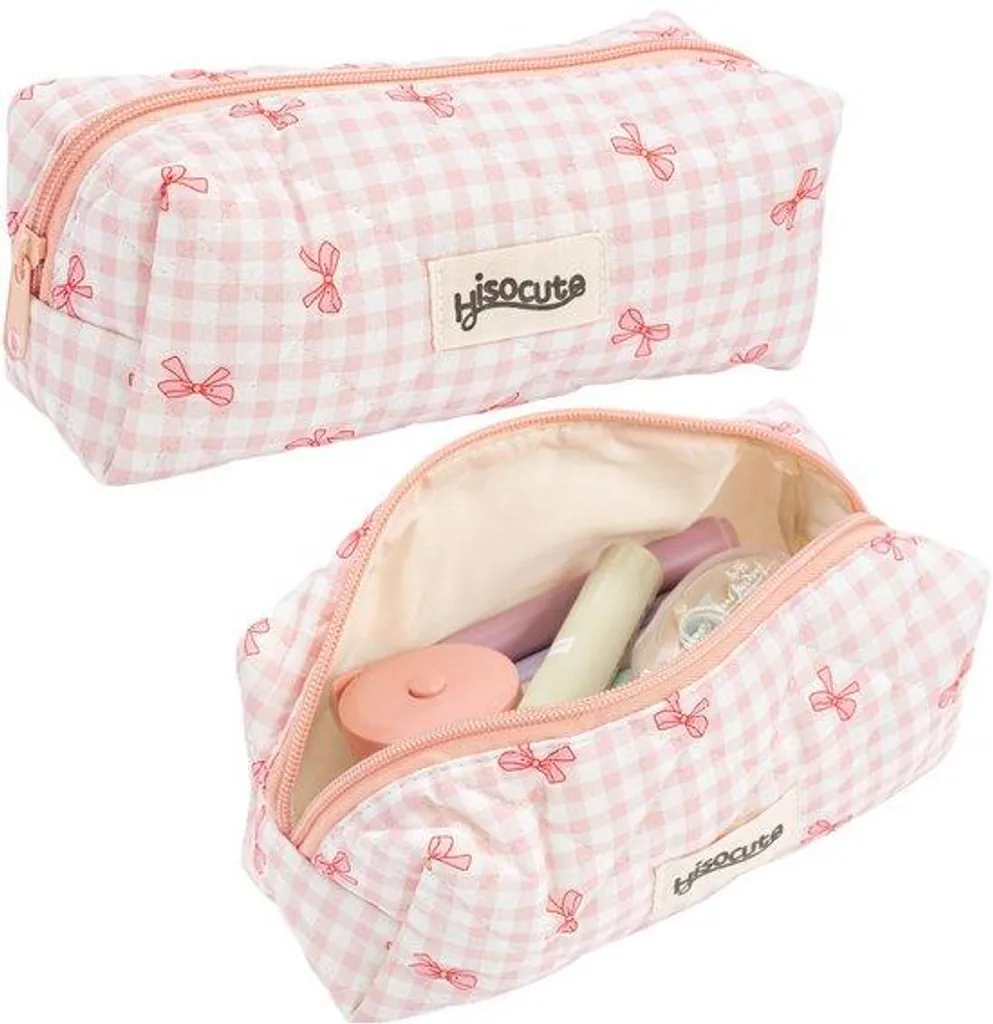 Petite trousse de rangement matelassée en coton rose avec ruban rouge