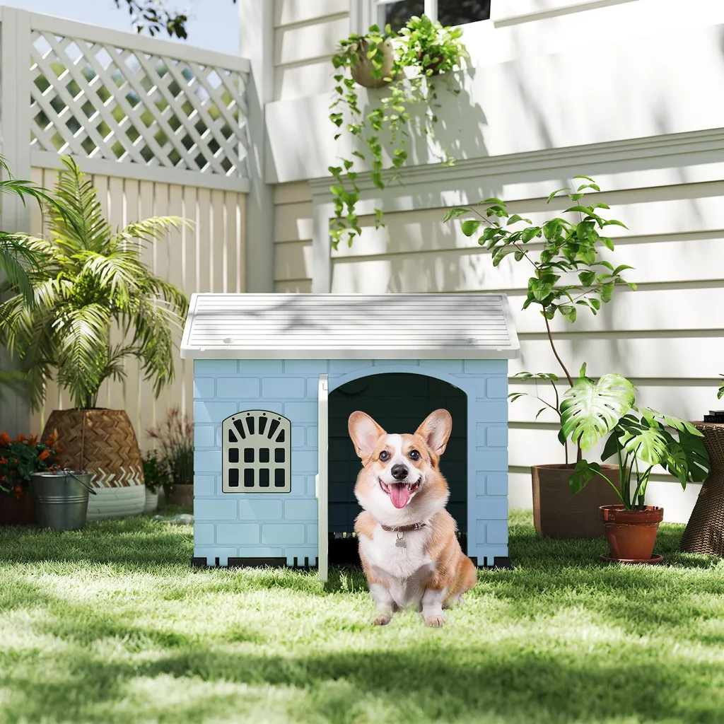 COSTWAY 75x58x65 cm cuccia per cani da esterno, casetta per cani resistente alle intemperie con tetto a capanna, porta con serratura e 3 finestre, casetta per animali, gabbia per cani da interno blu