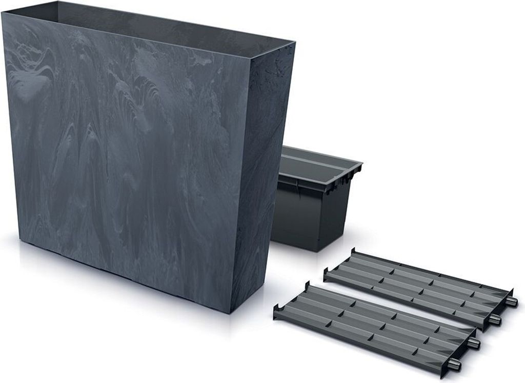 A planter and its accessories are displayed against a white background.