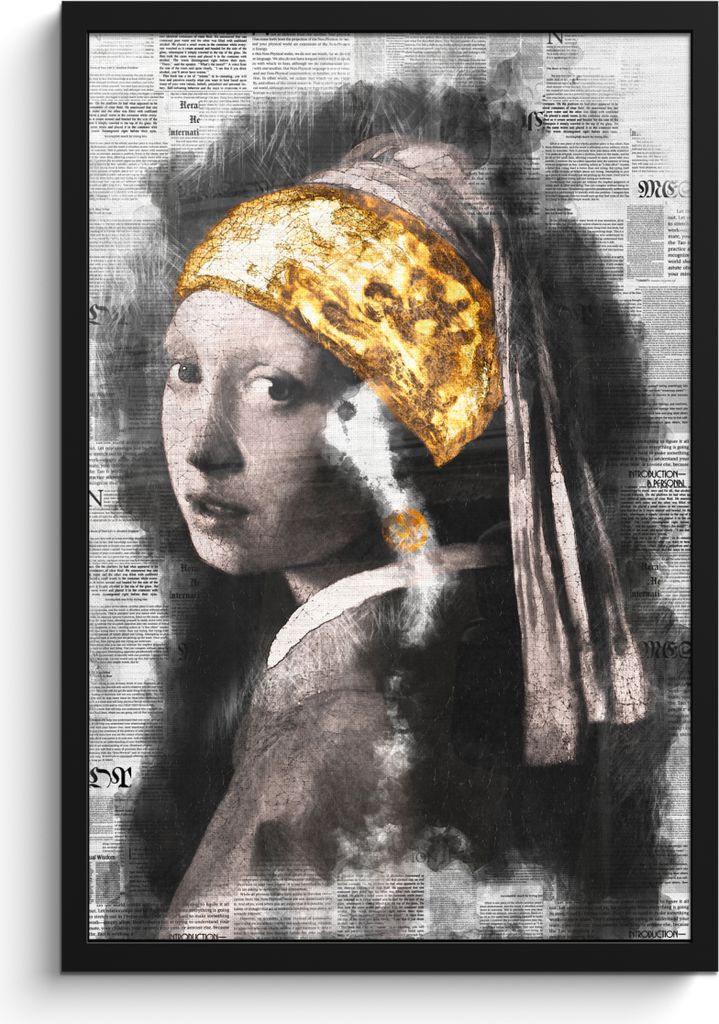 MuchoWow MuchoWow Gerahmtes Poster Mädchen mit Perlenohrring - Johannes Vermeer - Zeitungsartikel - Gold 40x60 cm - Poster mit zchwarzem Bilde...