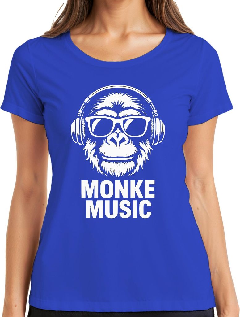 Monke Music Affe Kopfhörer DJ Brille Lustig Meme Urban Retro Damen T-Shirt, Blau, XL