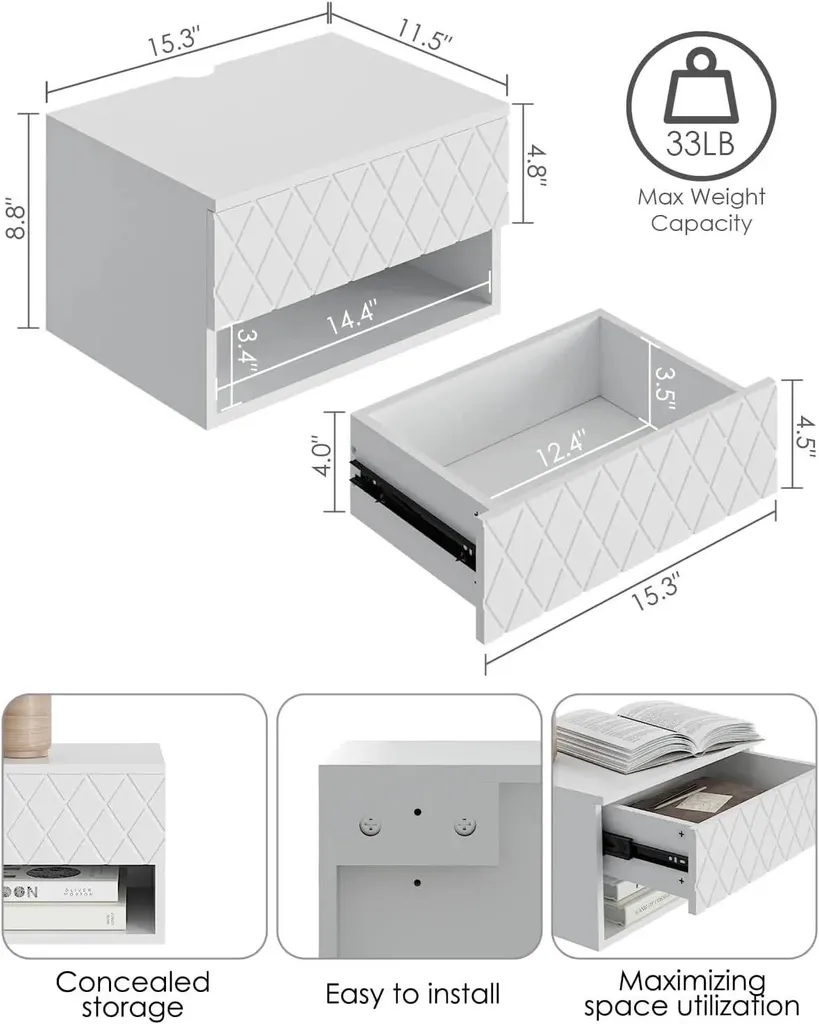Meuble de chevet mural blanc bois pour petite chambre et gain de place