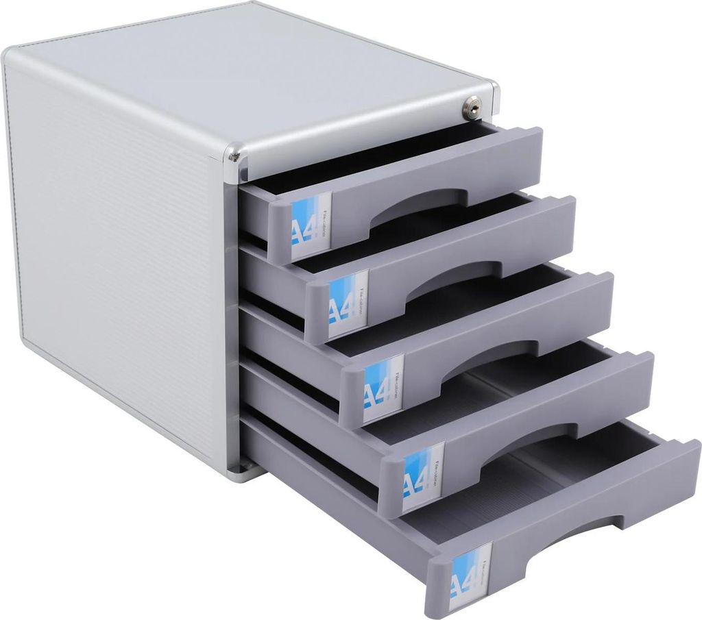Schreibtisch Schubladen-Organizer - Akten Aufbewahrungsschrank - 5 Ebenen - Abschließbare Schubladen - Aluminiumlegierung & MDF - Rechteckig - Silber