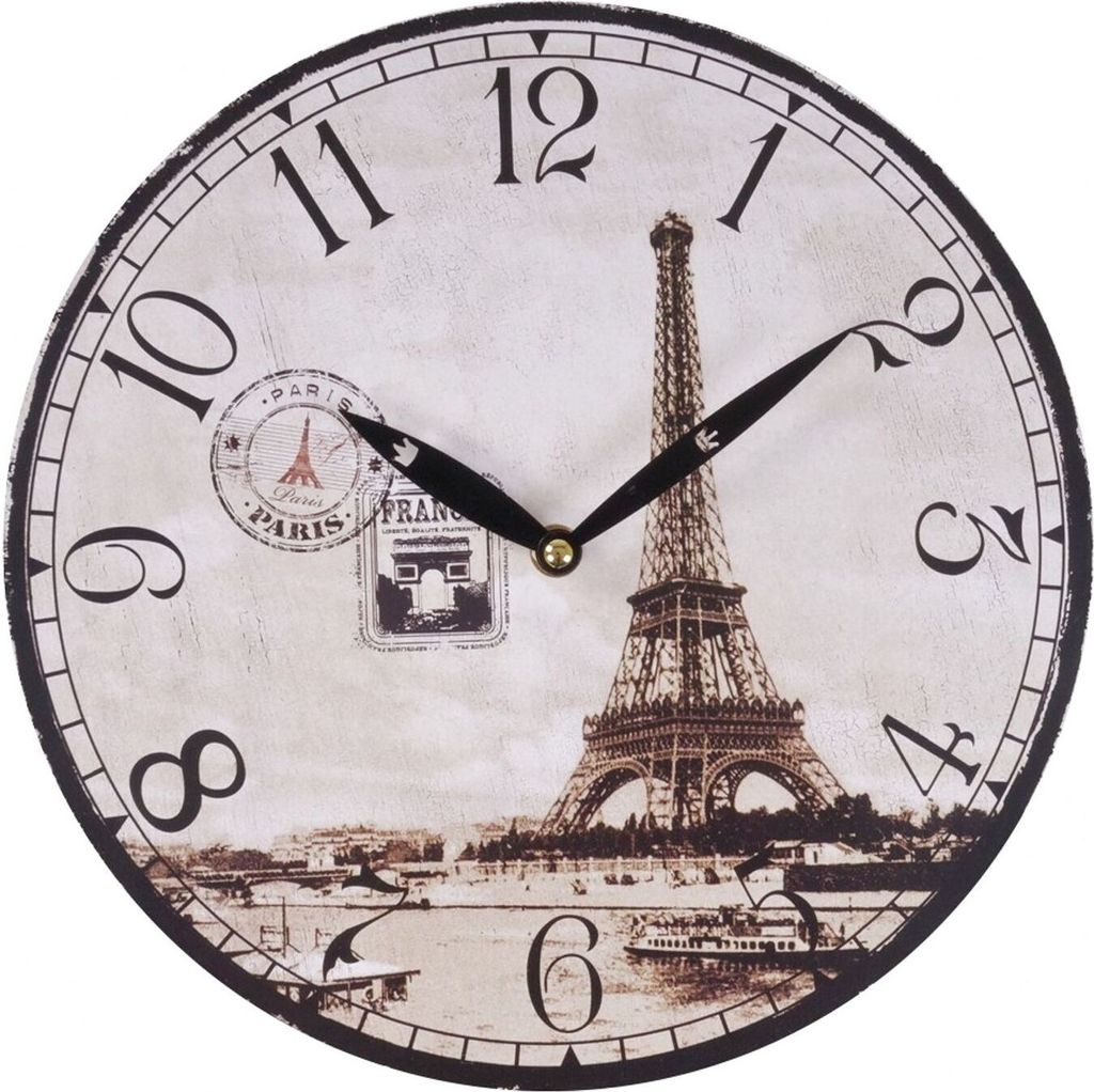 Zeitlose Wanduhr Ø29cm Landhausstil Shabby Vintage Antik Küchenuhr Holzuhr Deko, Motiv:Paris