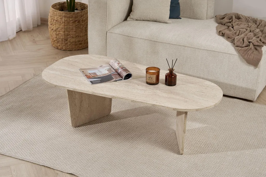 Table Basse Ovale Design Marbre Blanc 130x65 cm, Modèle Dozza Chic