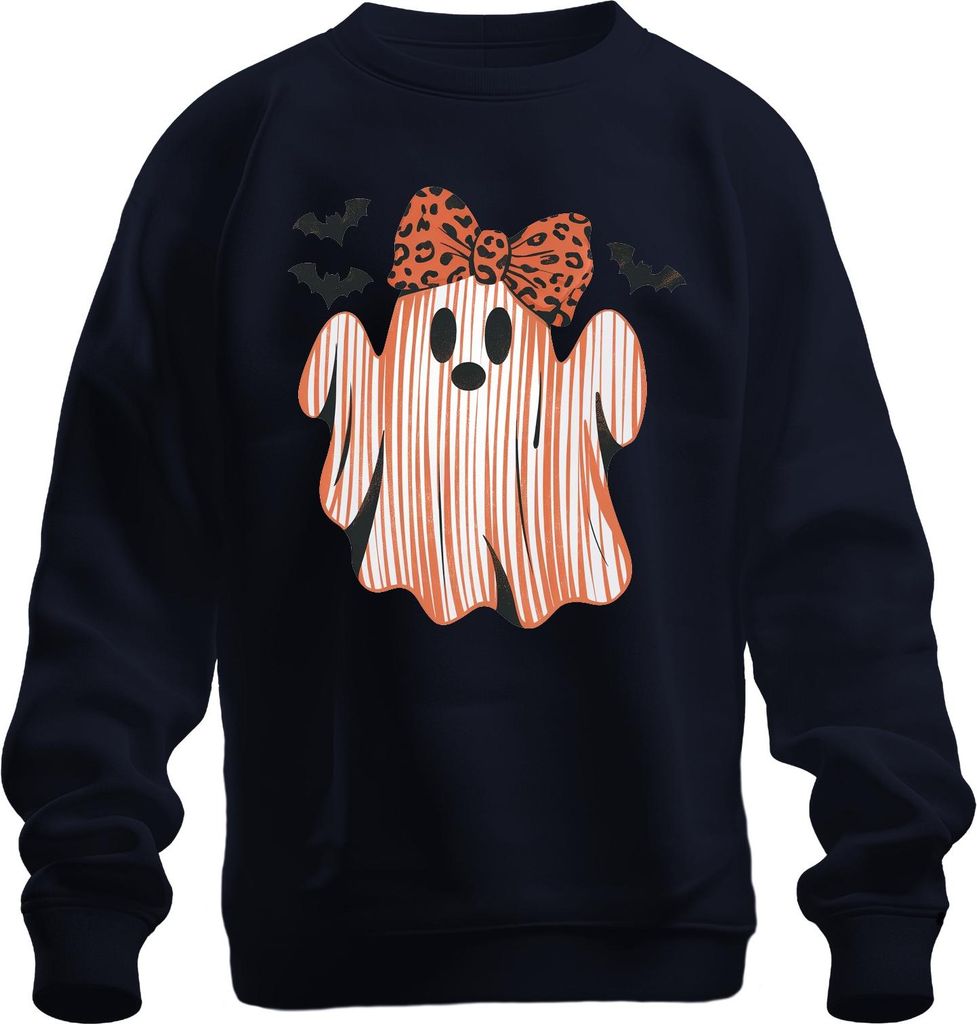 Halloween Geist Süßer Leopardenschleife Kinder Mädchen Gestreift Uni Sweatshirt Pullover, Navy, S