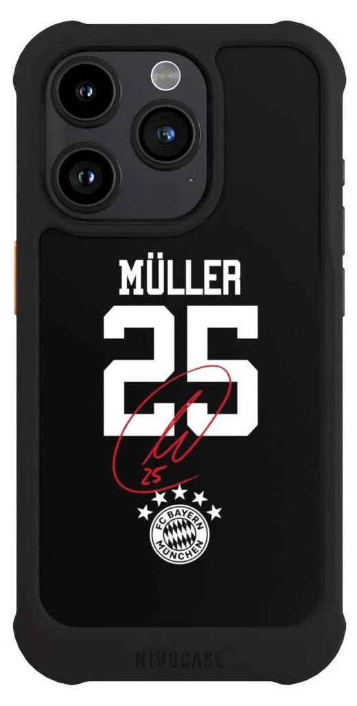 NIVOCASE Hülle für Apple iPhone 15 Pro Stoßfeste Handyhülle NIVOmax Case Schwarz FC Bayern München FCB Thomas Müller