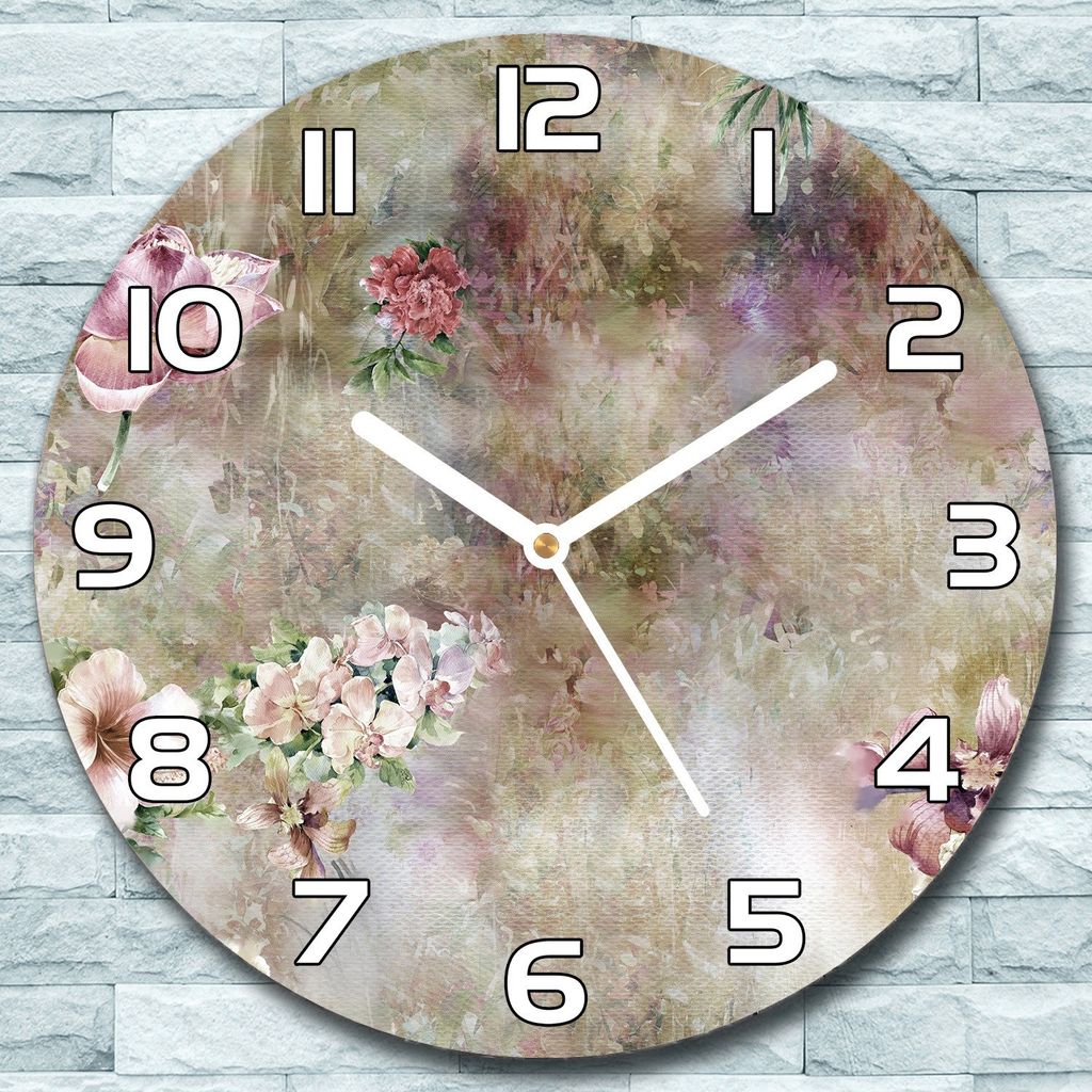 Wanduhr aus Glas Rund fi 30 Blatt Blüten Pastell Quarz Deko Wohnzimmer Büro