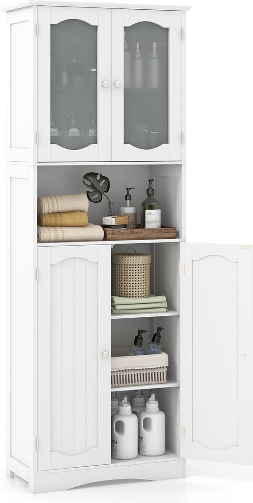 A white freestanding bathroom cabinet with glass doors and shelves, filled with various bathroom items.