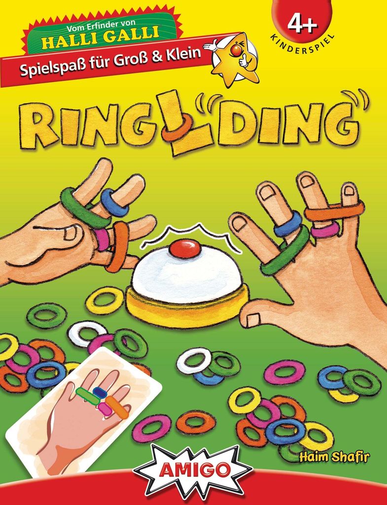 A game box cover for 'Ringlding' showing hands with rings on fingers and game pieces scattered around a central buzzer.