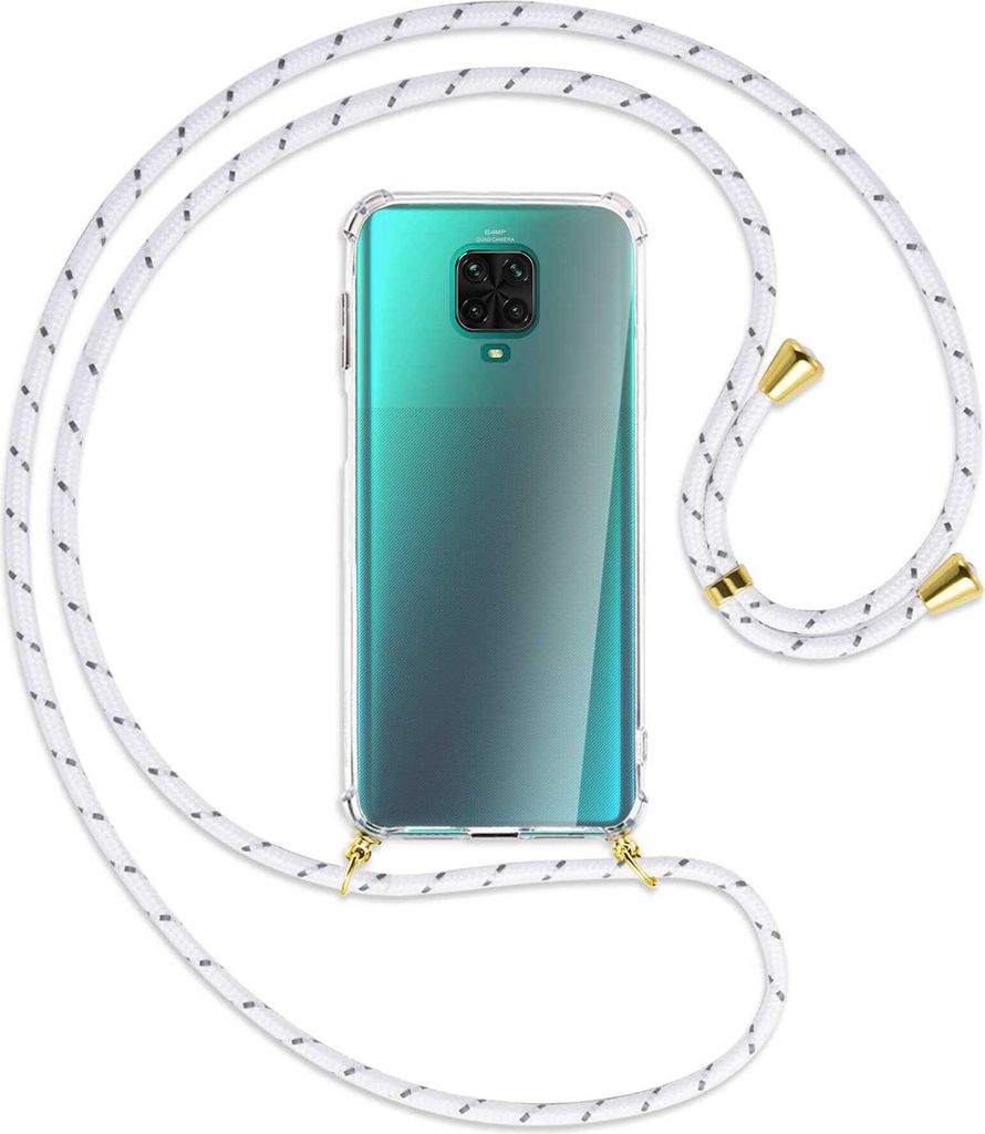 Handykette Backcover-Schutzhülle mit Band (Metall goldfarben) für Xiaomi Redmi Note 9 Pro / 9S - weiß/grau