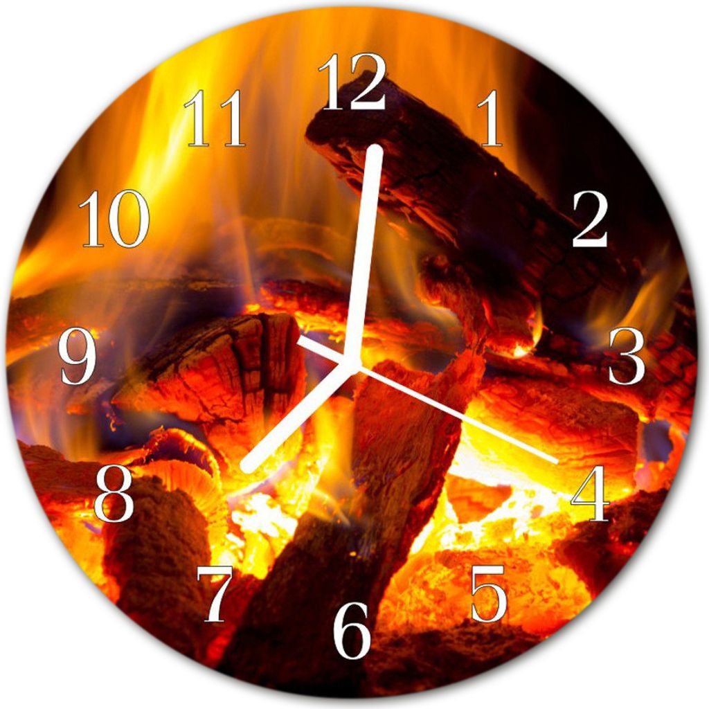 Glasuhr Wanduhr Küchenuhr Echt-Glas 30fi cm Feuer gelb