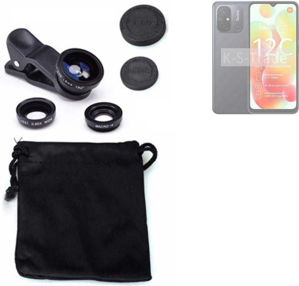 K-S-Trade Smartphone Kamera Linsen Set Kompatibel mit Xiaomi Redmi 12C 3in1 Clip-On Kamera Adapter Macro Weitwinkel FishEye Fischauge Objektiv Linse