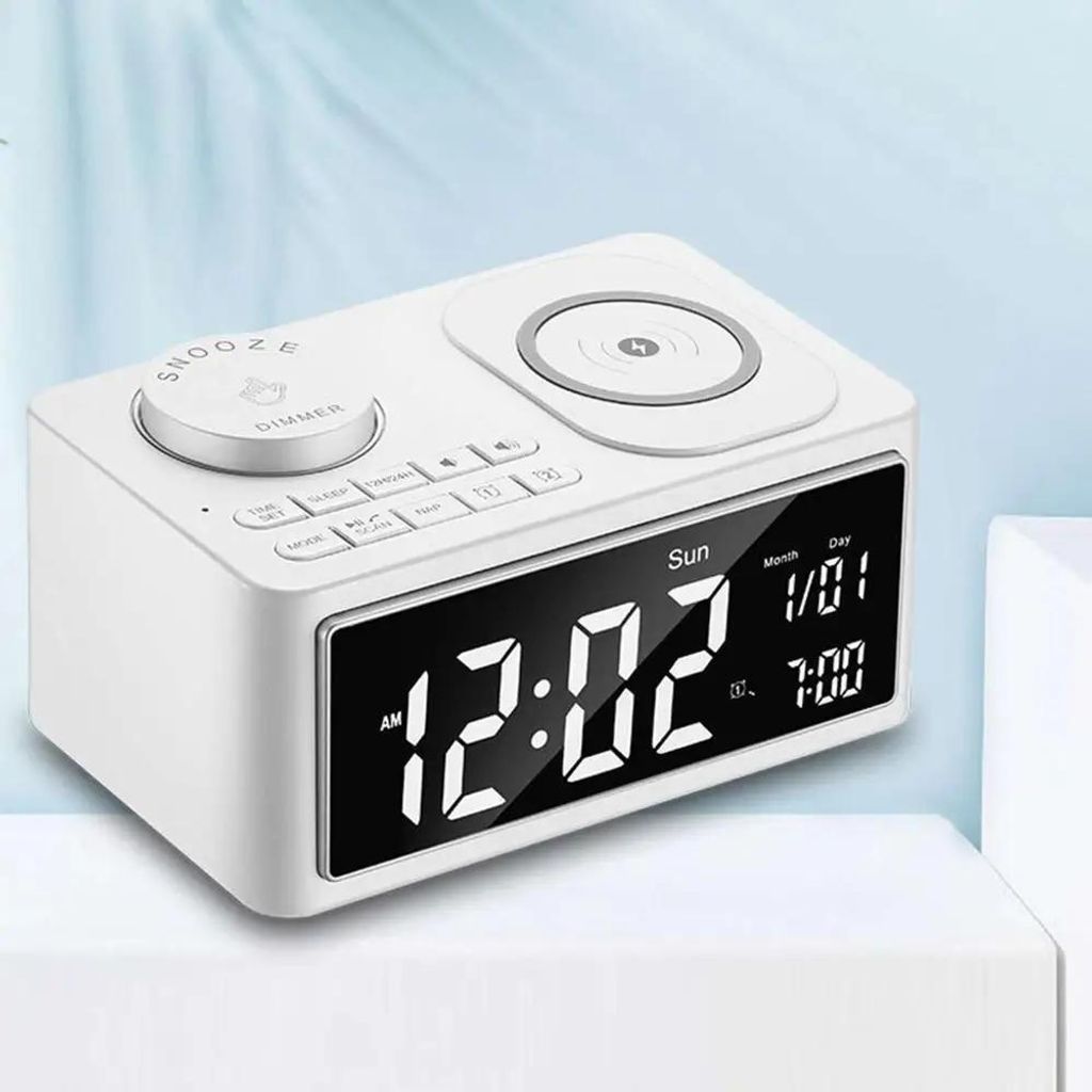 Bluetooth-Lautsprecher - Wecker mit FM-Radio - Kabelloses Laden - Doppelalarm - USB-Anschluss - LED-Uhranzeige - Weiß