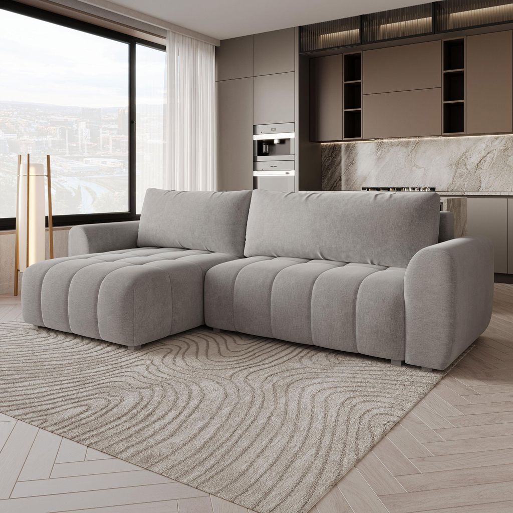 Masseno Ecksofa MODARO CL mit Schlaffunktion L-Form, Sofa mit Bettkasten, Wohnzimmersofa, Couch, Soffa, Bettsofa, Couchgarnitur- Hellgrau, CASTEL 80