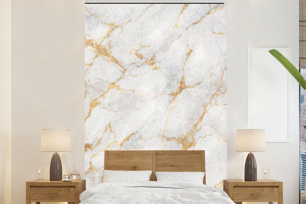 MuchoWow Fototapete für Wohnzimmer oder Schlafzimmer Wandtapete Vinyl Motivtapete Marmor - Weiß - Gold - Abstrakt - 170x260 cm - Wohnzimmertapete