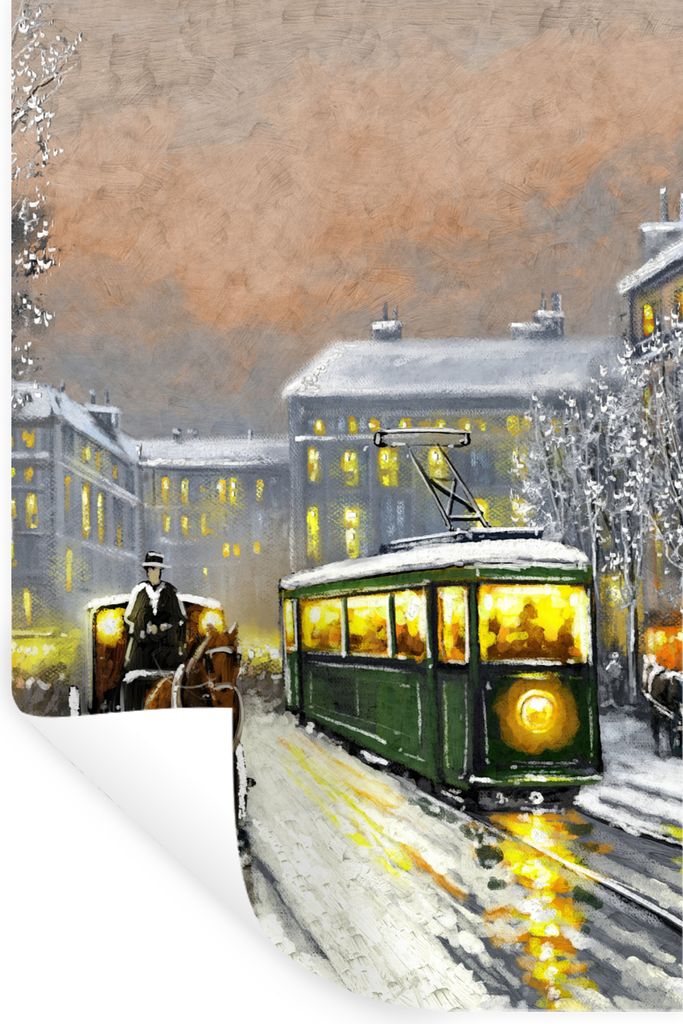 MuchoWow Wandtattoo Wandsticker Wandaufkleber Gemälde - Ölgemälde - Winter - Straßenbahn - Pferd 60x90 cm Selbstklebend und Repositionierbar ...