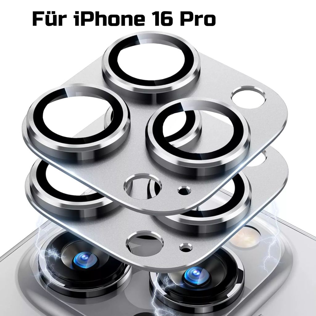 A close-up, angled view of two stacked camera lens protectors for an iPhone 16 Pro, with the text 'Für iPhone 16 Pro' at the top.