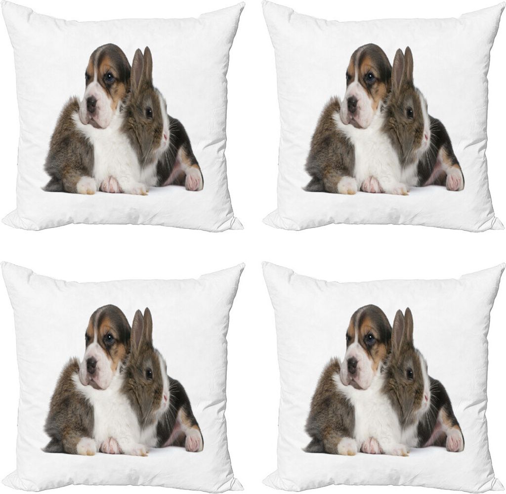ABAKUHAUS Beagle Kissenbezug Set (4 Stück), Kaninchen Puppy Pet Freunde, Moderner Doppelseitiger Digitaldruck, 50 cm x 50 cm, Taupe Schwarz Weiß