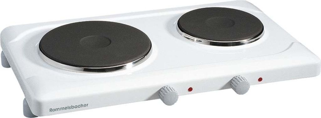 A white double hot plate electric stove is shown from a diagonal angle.
