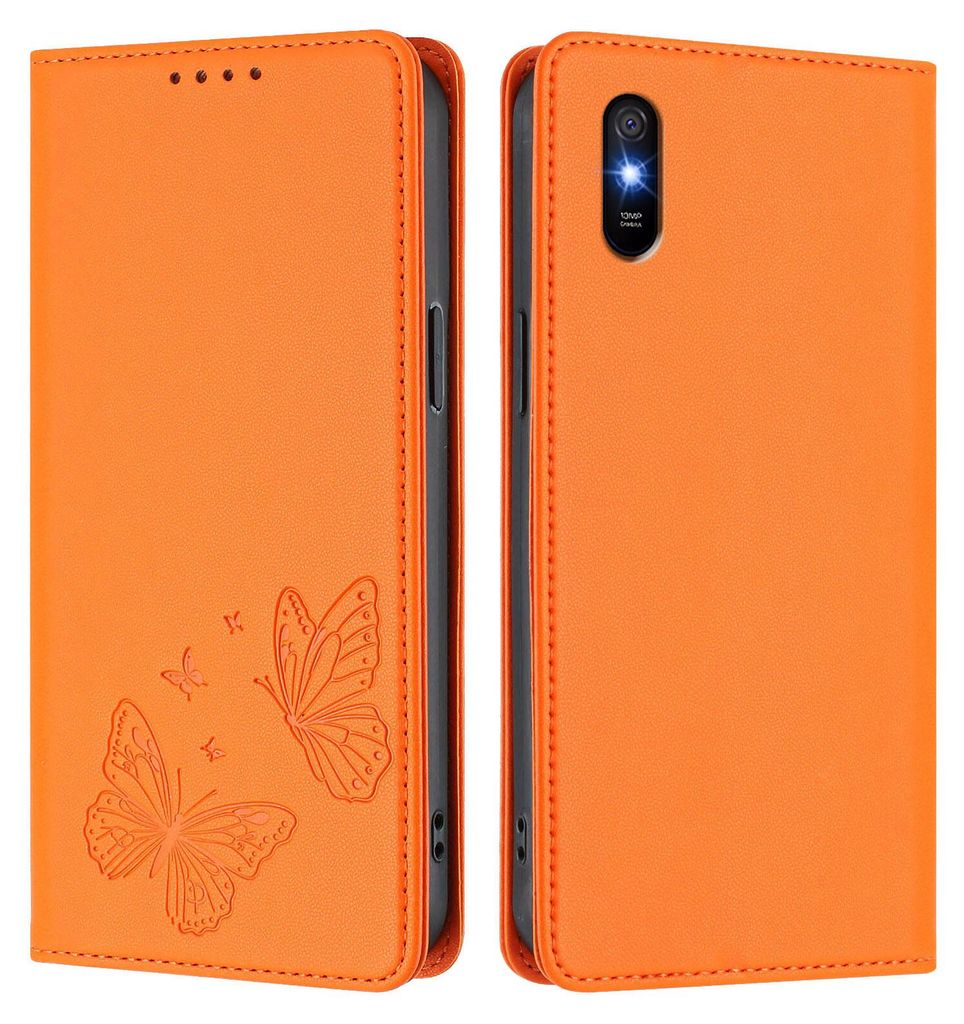 Lederhülle für Xiaomi Redmi 9A, Schmetterling Prägung Leder Brieftasche Schutzhülle mit Ständer Orange