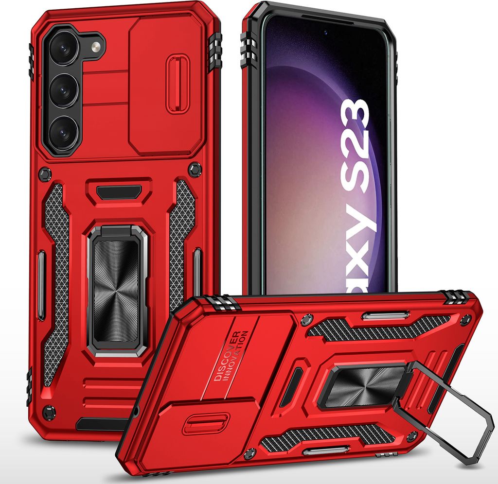 Galaxy S23 Hülle, Schiebe Kamera Schutz und Ringhalter Ständer Dual Layer Stoßfest Schutzhülle für Samsung Galaxy S23