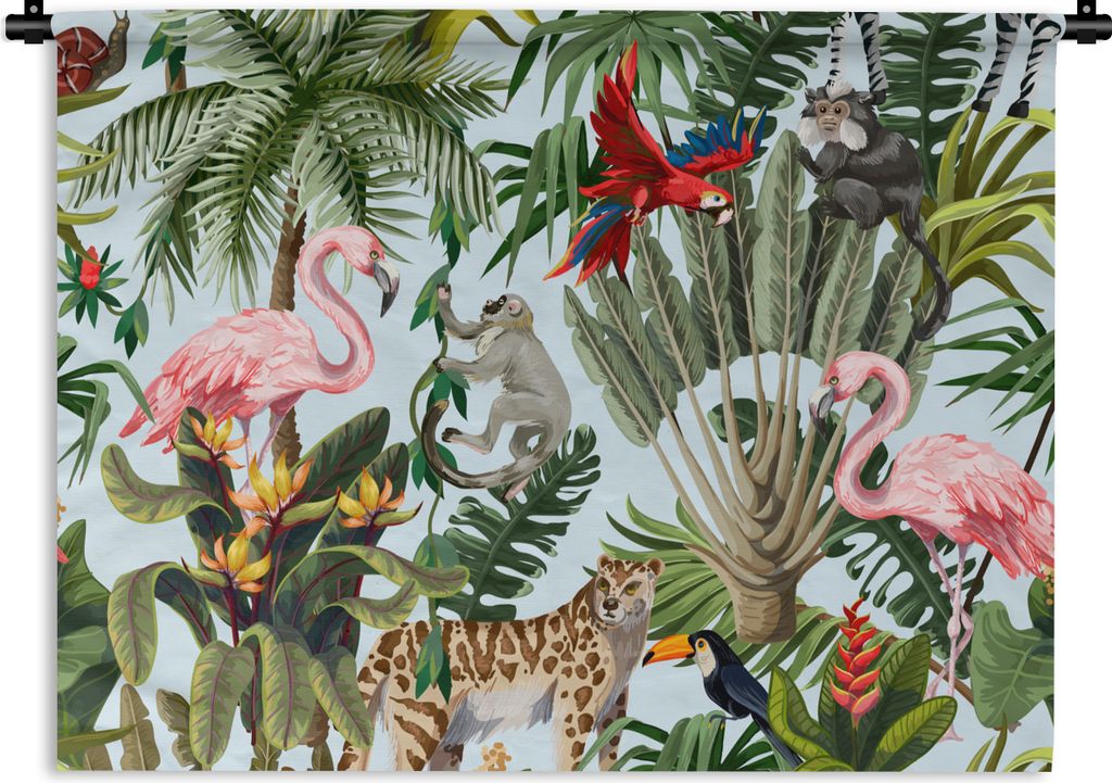 MuchoWow Wandteppich Wandbehang Dschungel - Tiere - Mädchen - Kinder - Jungen - Flamingo - Papagei 120x90 cm Tapisserie Dekoration Wandtuch - Wo...