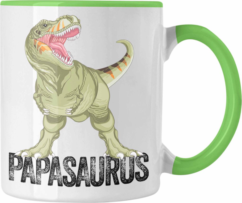 Trendation - Papasaurus Tasse Geschenk für Vater Papa Vatertag Lustiges Geschenk Dinosaurier (Grün)