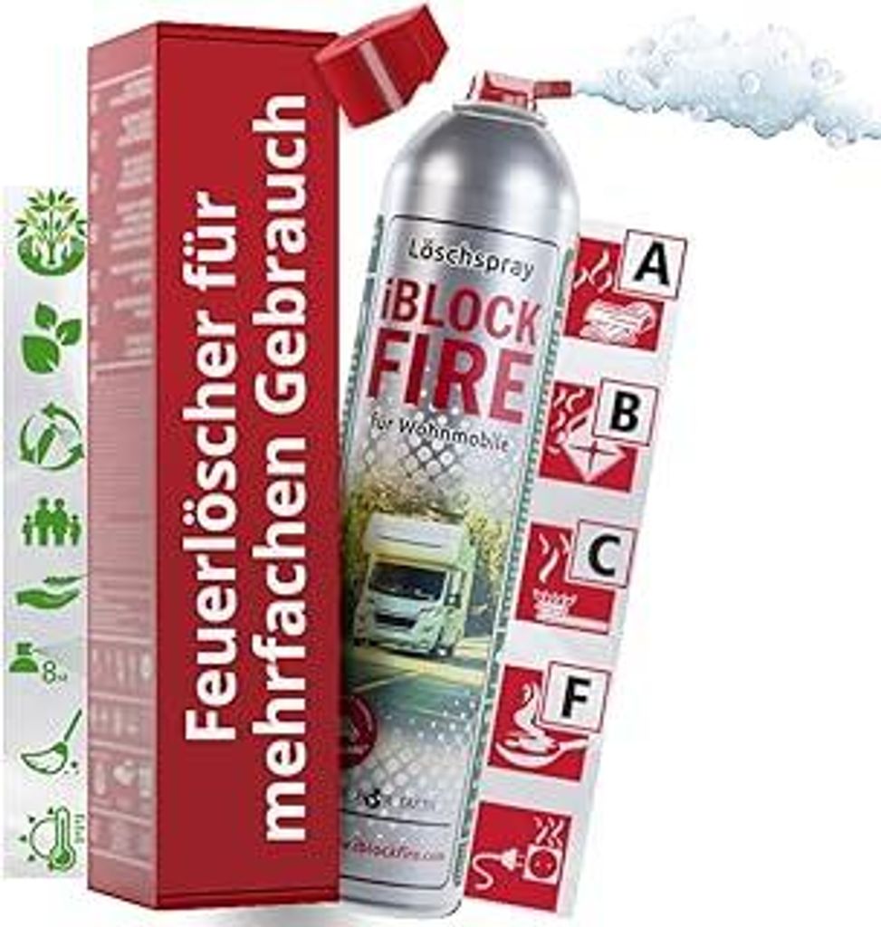 600ml Feuerlöschspray | iBlockFIRE Klein Feuerlöscher: Wohnmobil, Lagerfeuer, Picknick, Grillen | Feuerlöscher Schaum-Gel von Feuer A B C E F | ...