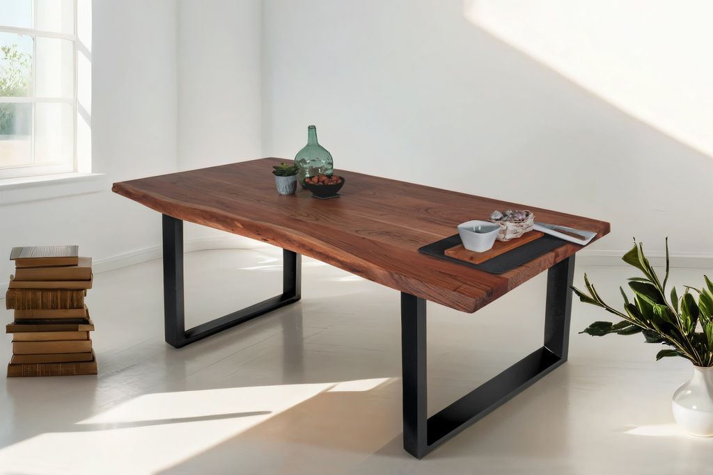 Esstisch Baumkante Akazie massiv Nussbaum 160 x 85 cm U-Gestell schwarz THEA