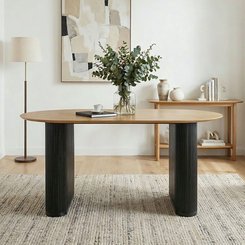 Esstisch MAXIM schwarz/eicheoptik - moderner Tisch 160 x 90 cm, design Küchentisch oval mit Säulenbeinen und Lamellen, Esszimmertisch für 6 Pers...