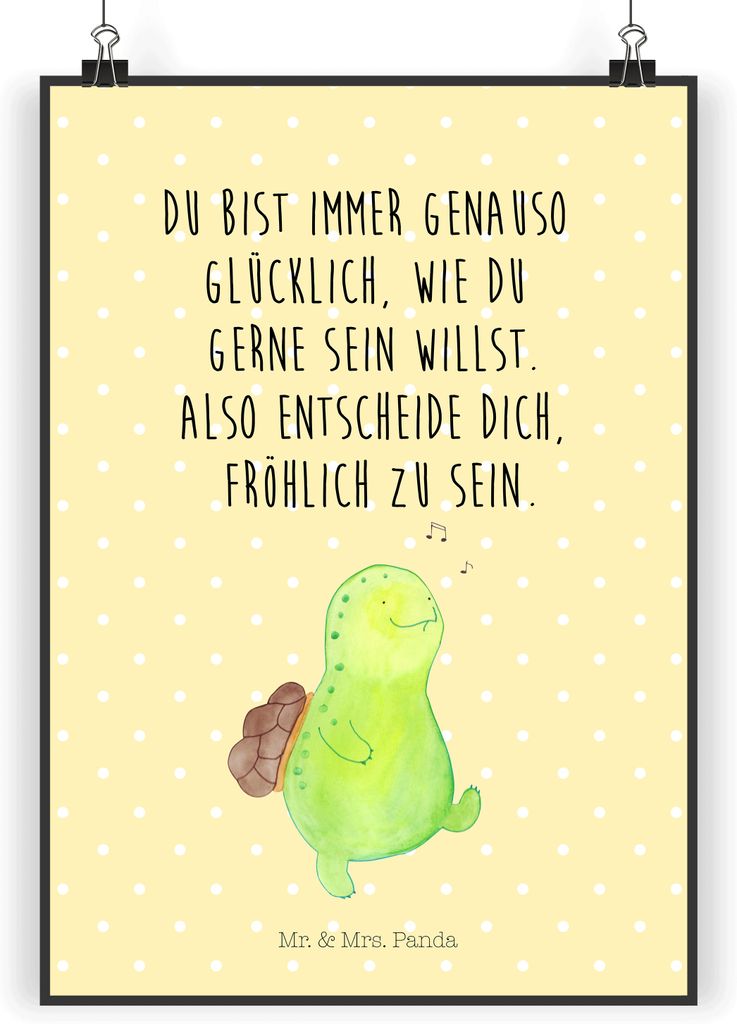 Mr. & Mrs. Panda Bild Schildkröte Pfeifen DIN A3 - Gelb Pastell - Geschenk, Schildkröten, Kunstdruck, wanddeko, Depression, Fröhlich, drucke, po...