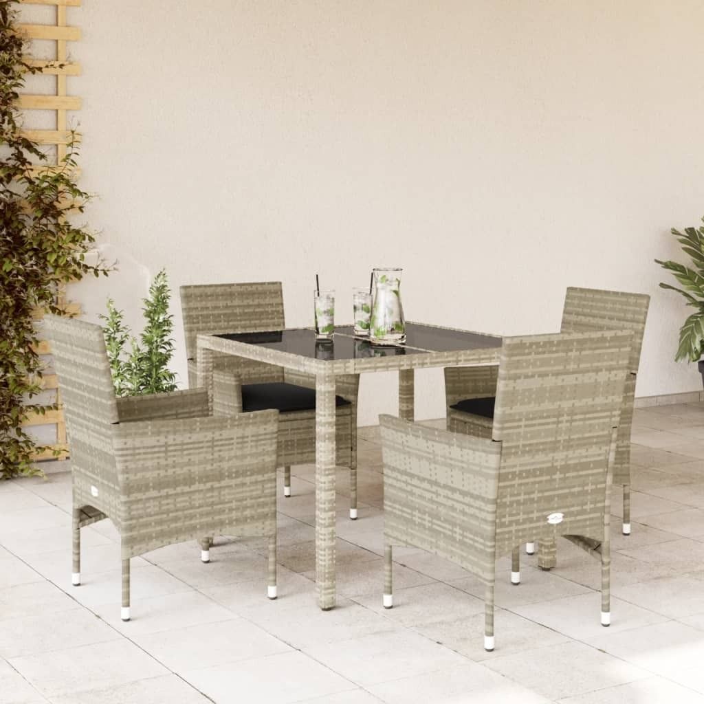 Maison Exclusive - 5-tlg. Garten-Essgruppe mit Kissen Hellgrau Poly Rattan Glas