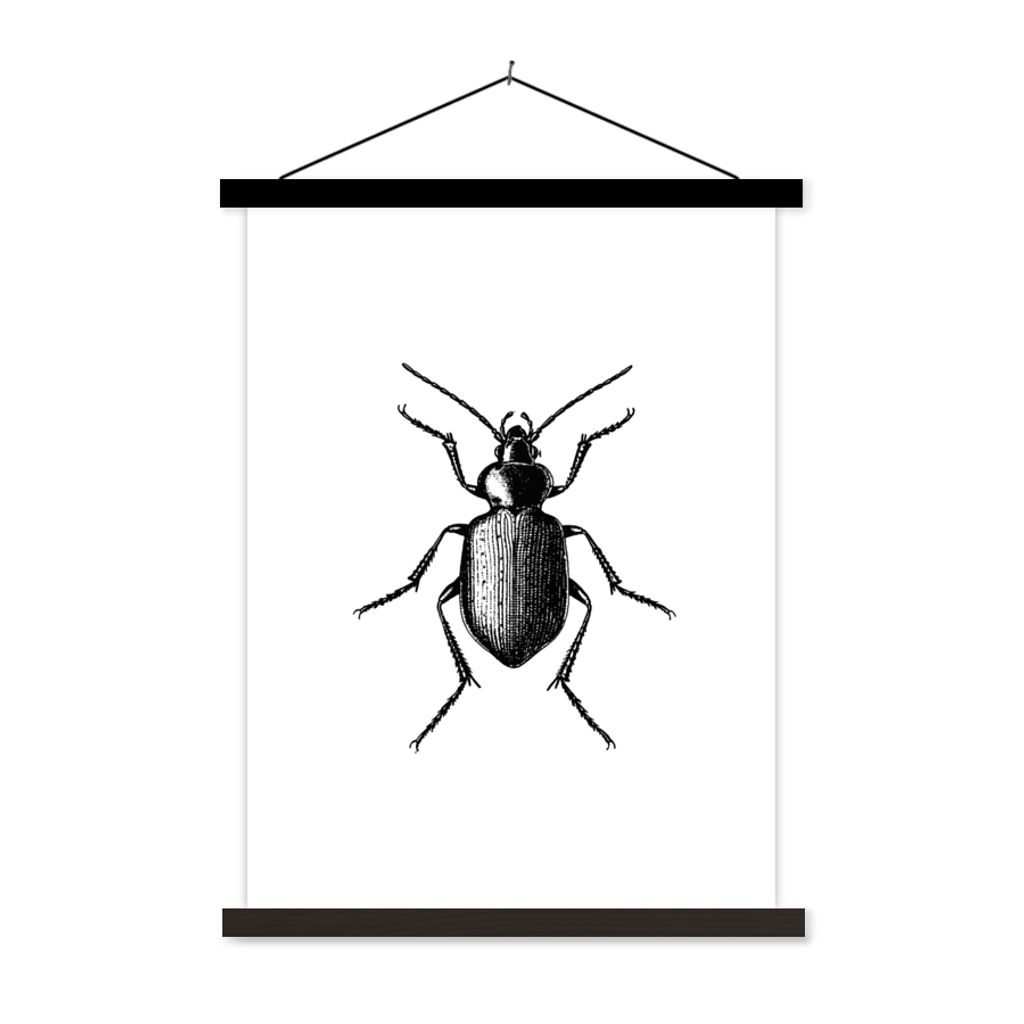 MuchoWow Textilposter Käfer - Tiere - Vintage - Schwarz und weiß 90x120 cm mit schwarzem Rahmen - Dekoration