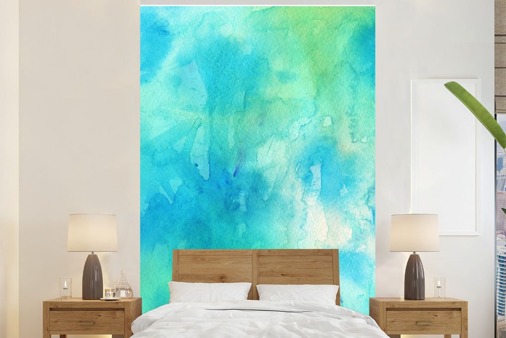 MuchoWow Fototapete für Wohnzimmer oder Schlafzimmer Wandtapete Vinyl Motivtapete Aquarell - Grün - Blau - Weiß - 200x300 cm - Wanddekorationen