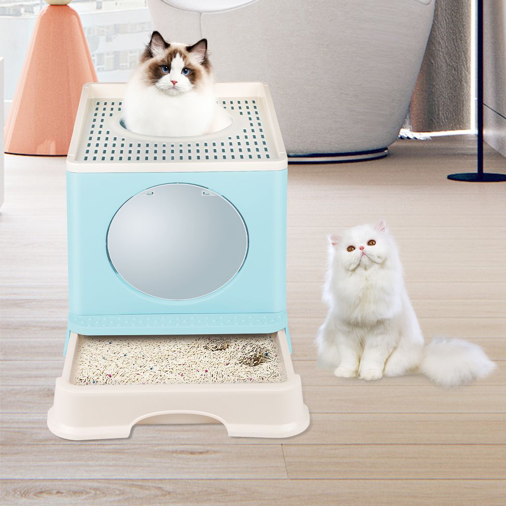 Katzenklo mit Deckel, geschlossene Katzentoilette, Fronteinstieg und Ausgang oben, Anti-Spritz-Katzenklo 48x39x34cm Blau