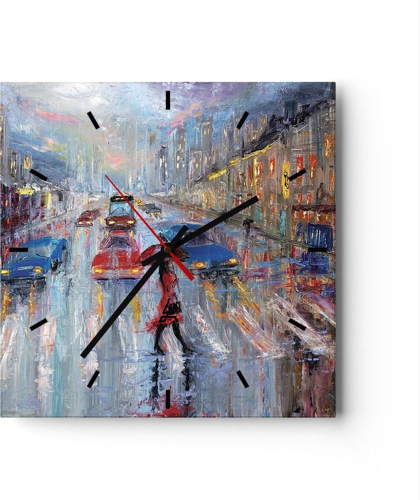 Wanduhr - Quadrat - Glasuhr - Acryl Stadt Regen - 40x40cm - Schleichendes Uhrwerk - Lautlos - zum Aufhängen bereit - Dekoration Modern - Wanddekor...