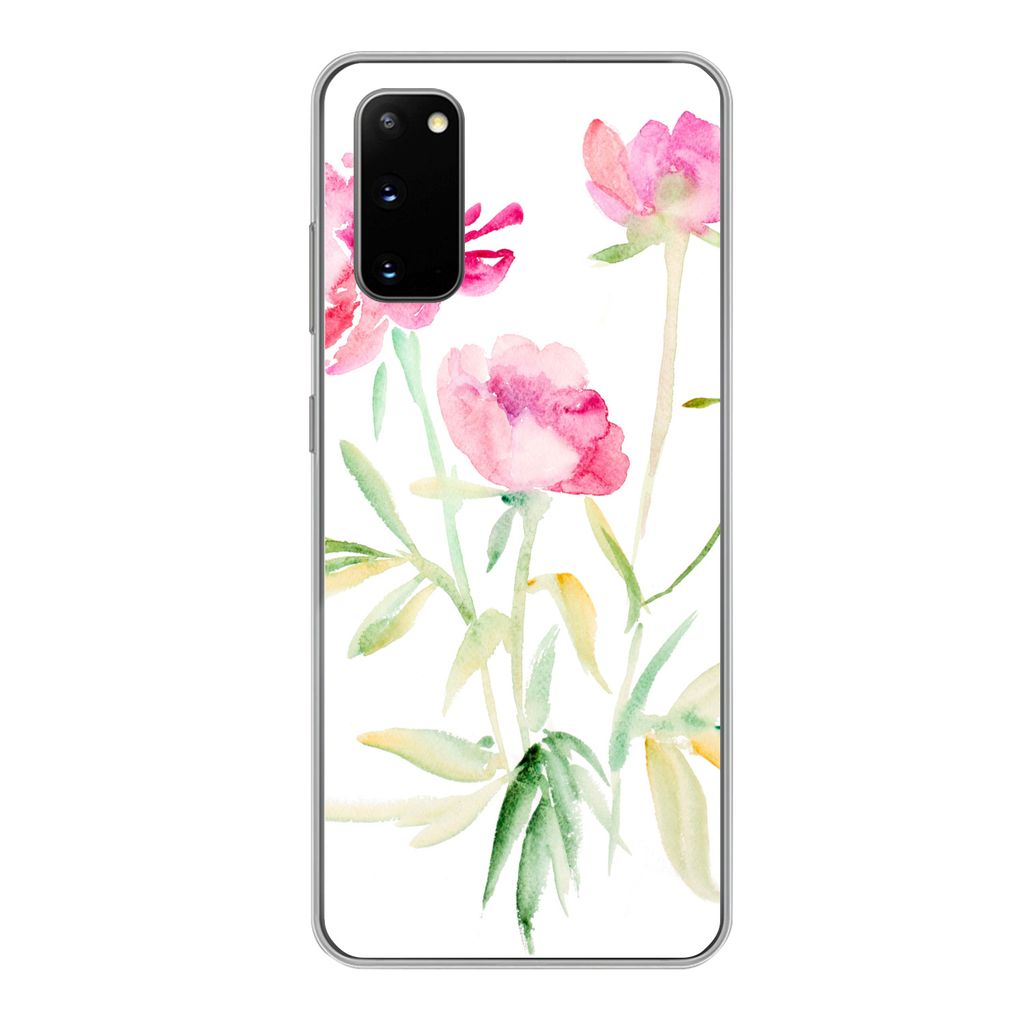 MuchoWow Handyhülle Schutzhülle Hülle für Samsung Galaxy S20 Blumen - Aquarell - Rosa Silikon Softcase Handy Hülle - Bild