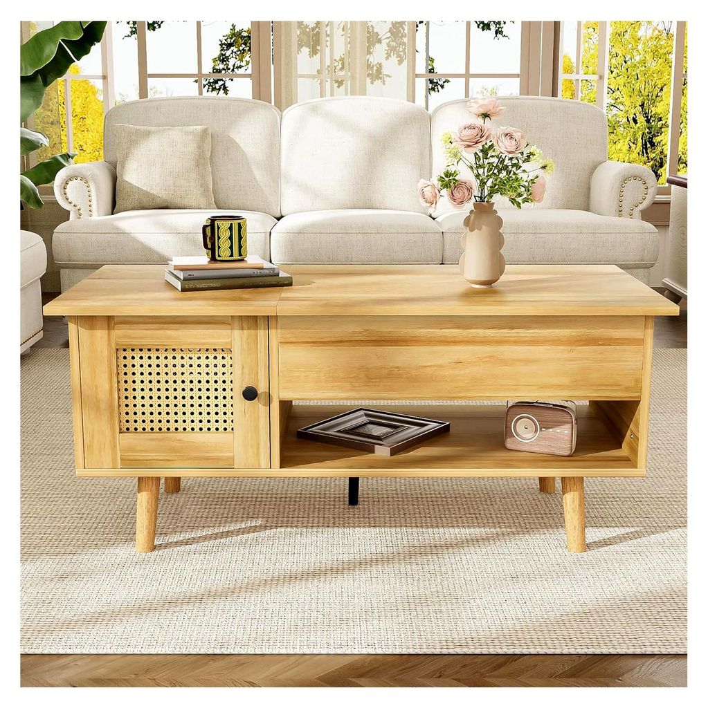 Höhenverstellbarer Couchtisch in Naturfarbe mit Stauraum – Moderner Lift-Top Sofatisch mit Klapptischplatte, Türfach und offenen Regalen für W...