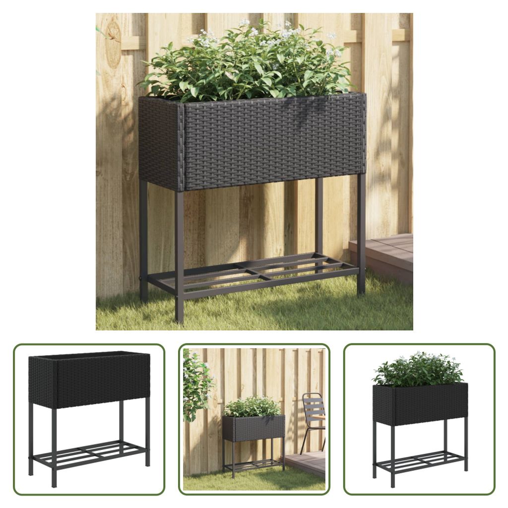 The Living Store Pflanzkübel mit Ablage Schwarz Poly Rattan