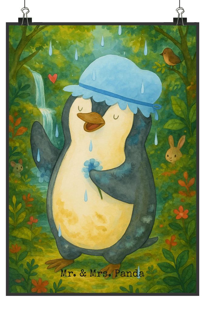 Mr. & Mrs. Panda Bild Pinguin Duschen Design DIN A5 - Weiß - Geschenk, Kunstdruck, Duschkonzert, poster, Pinguine, Dusche, Singen, wanddeko, Wandb...