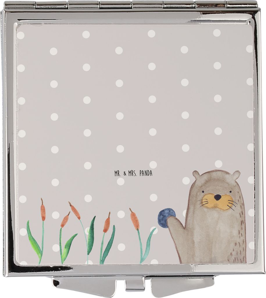 Mr. & Mrs. Panda Taschenspiegel Otter Stein - Grau Pastell - Geschenk, Quadratischer Spiegel, Seeotter, Kleiner, Schminkspiegel klein, Grüßen, Pf...
