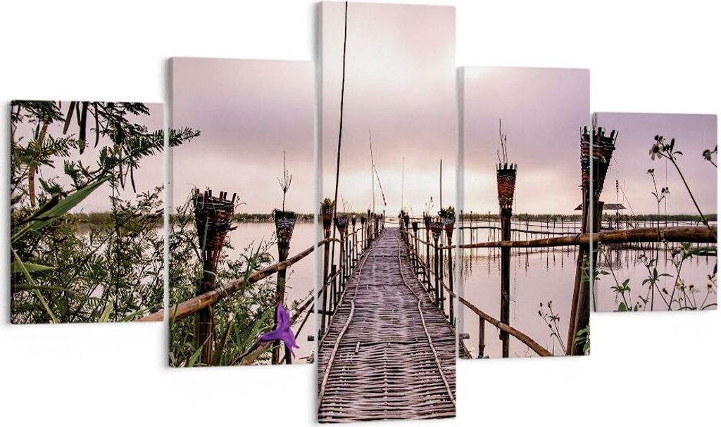 Bild auf Leinwand - Leinwandbild - 5 Teile - Brücke See Fackel - 125x70cm - Wand Bild - Wanddeko - Wandbilder - Leinwanddruck - Bilder - Wanddekor...