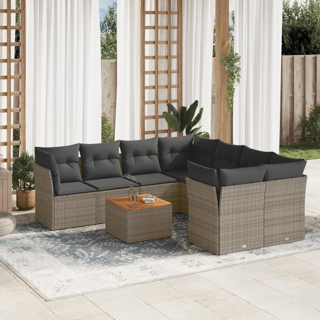 9-tlg. Garten-Sofagarnitur - mit Kissen Grau Poly Rattan - Gartenmöbelset 3255864