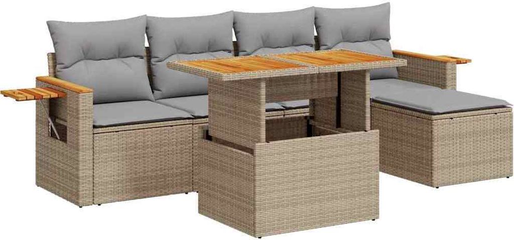 6-tlg. Garten-Sofagarnitur mit Kissen Beige Poly Rattan Akazie