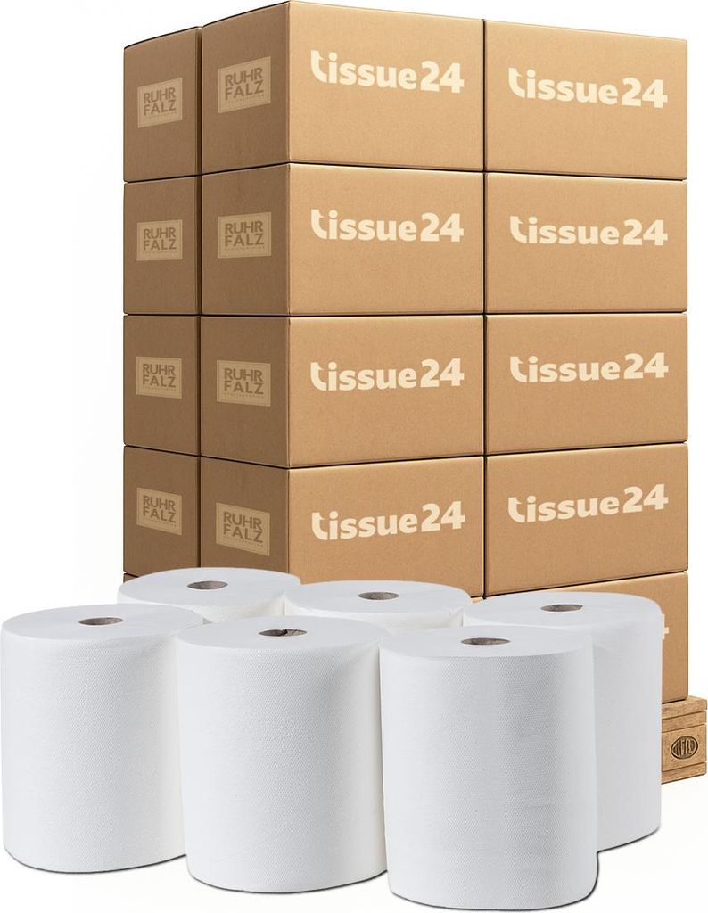 Tissue24 Handtuchrollen 2-lagig Zellstoff, 20 cm × 900 m, autocut- und sensorspenderfähig, 6 Rollen/VE, 40 VE pro Palette
