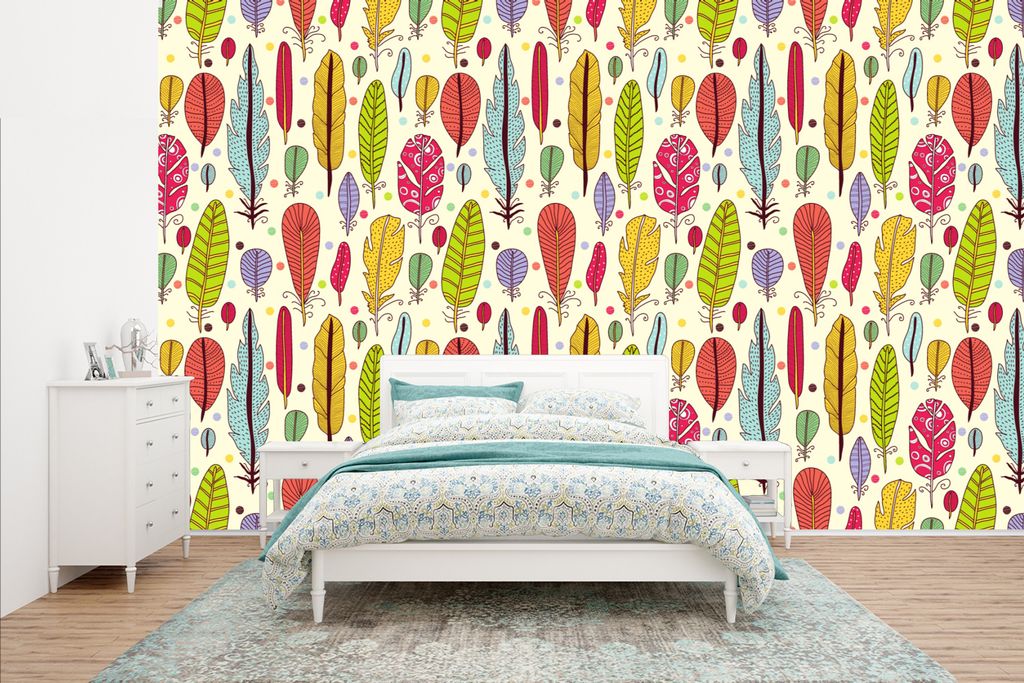 MuchoWow Fototapete für Wohnzimmer oder Schlafzimmer Wandtapete Vinyl Motivtapete Muster - Federn - Farben - Jungen - Kinder - Kind - 435x260 cm...