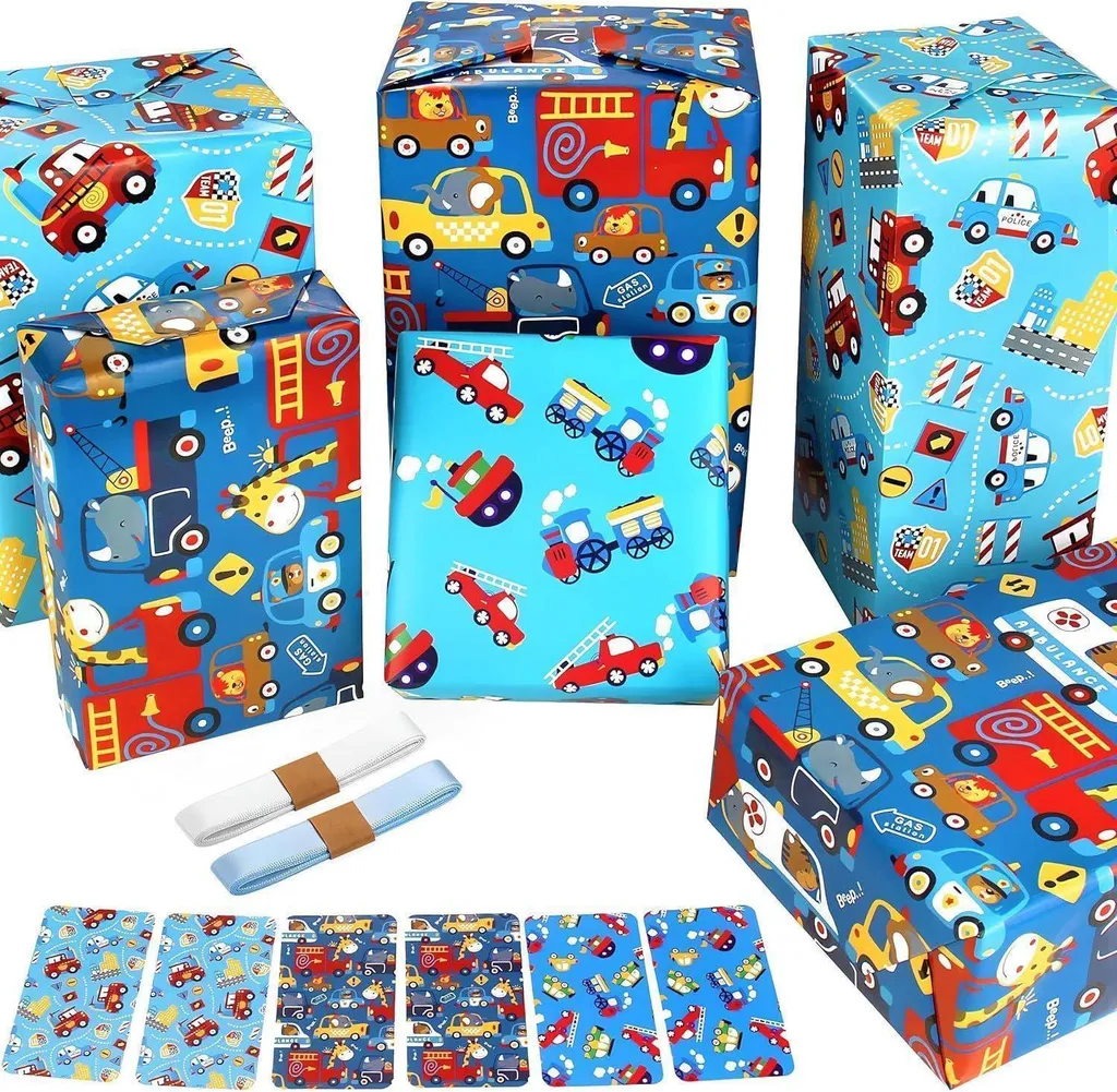 Papier cadeau bleu haute qualité motifs pelleteuse et pompier 70cm