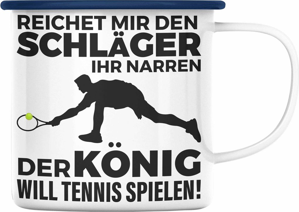 Trendation - Tennis Emaille Tasse Geschenk Tennisspieler Geschenkidee Spruch Coach Trainer Mann Männer (Blau)